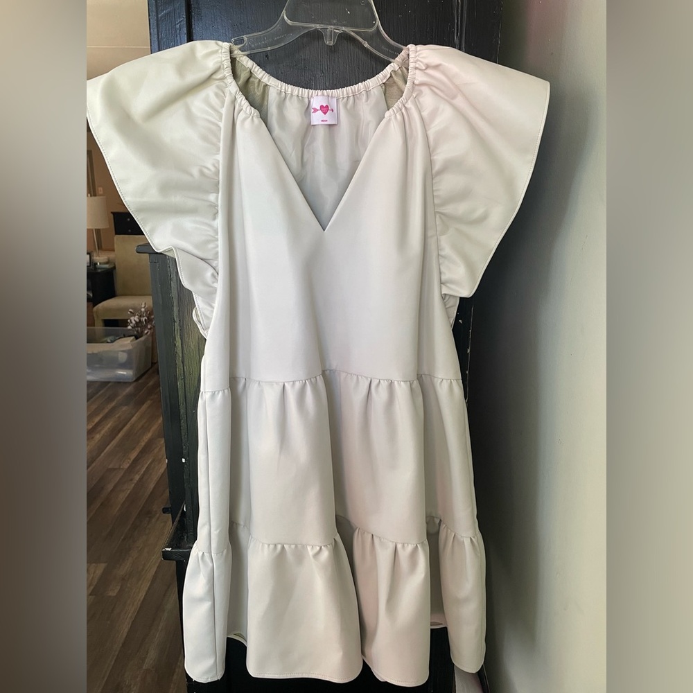 Buddy Love Ronnie White Ruffle Mini Dress Faux Leather Cream Solid NWOT - Picture 2 of 7